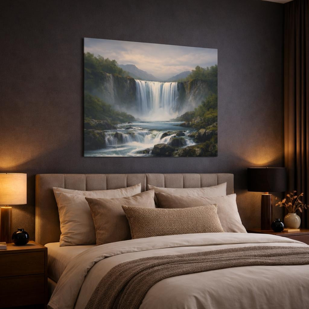 Tonal Gradient Wild Waterfall shown as canvas wall art in a luxury bedroom
