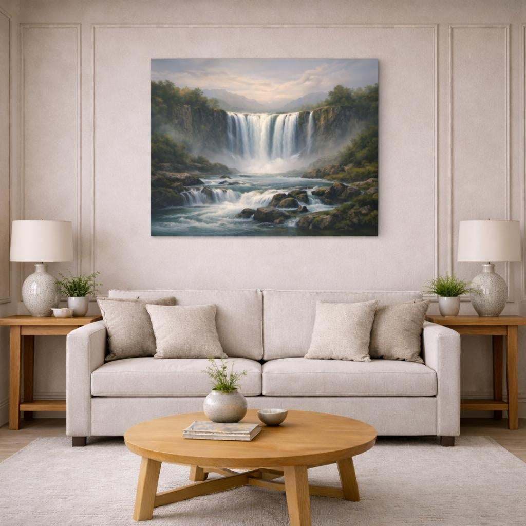 Tonal Gradient Wild Waterfall shown as canvas wall art in a modern living room