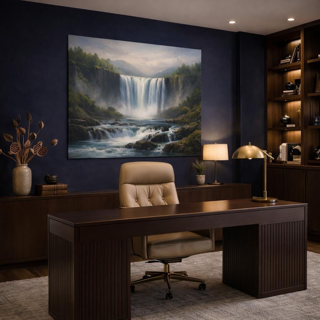 Tonal Gradient Wild Waterfall shown as canvas wall art in a refined dining room