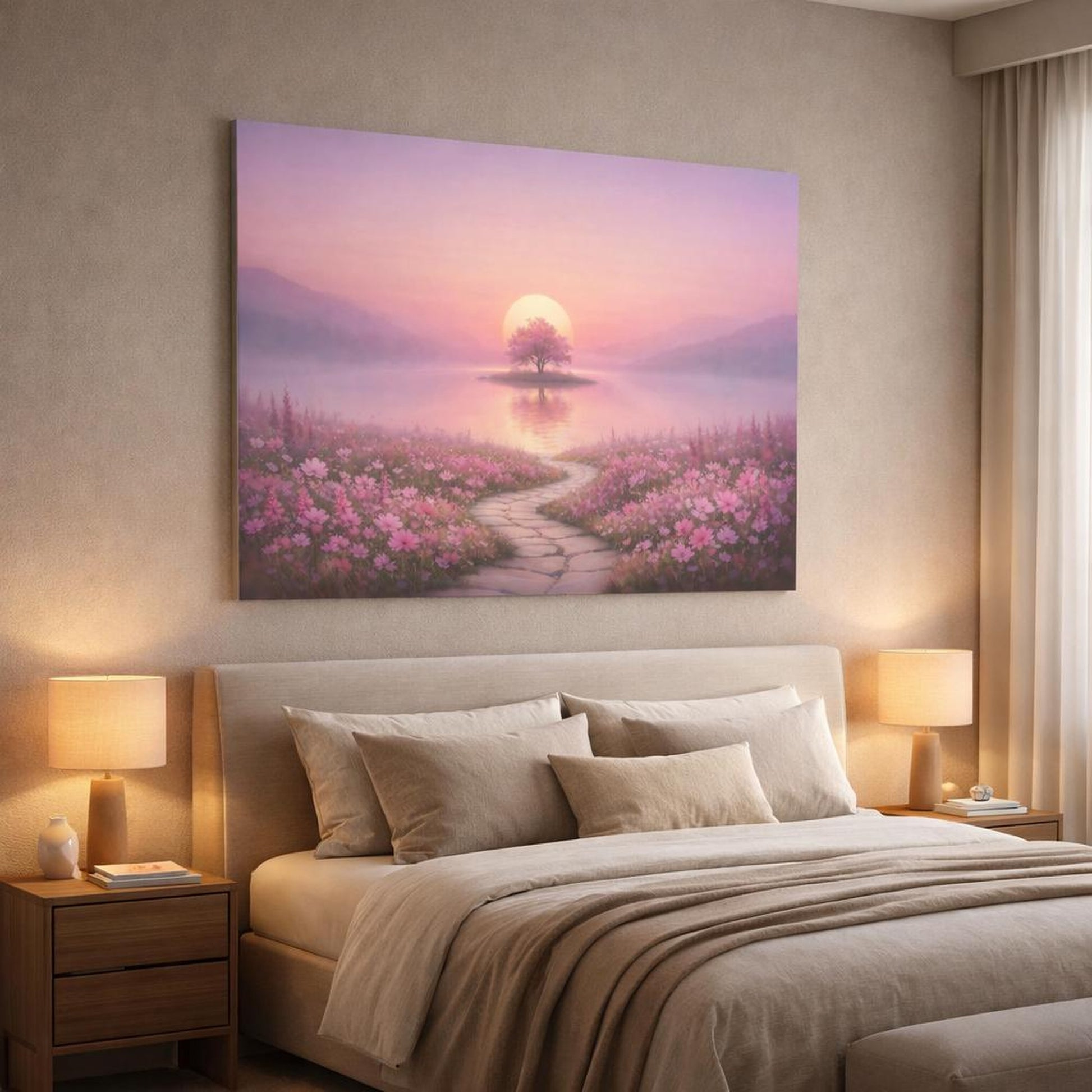 Tonal Gradient Wildflowers Pink shown as canvas wall art in a luxury bedroom
