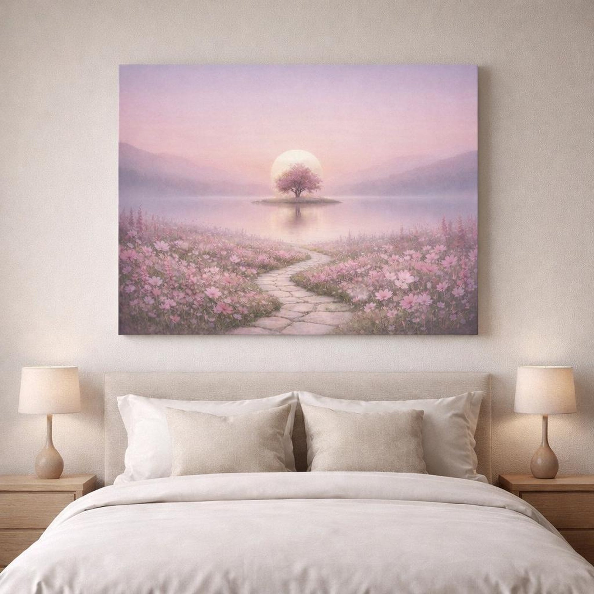 Tonal Gradient Wildflowers Pink shown as canvas wall art in a refined dining room