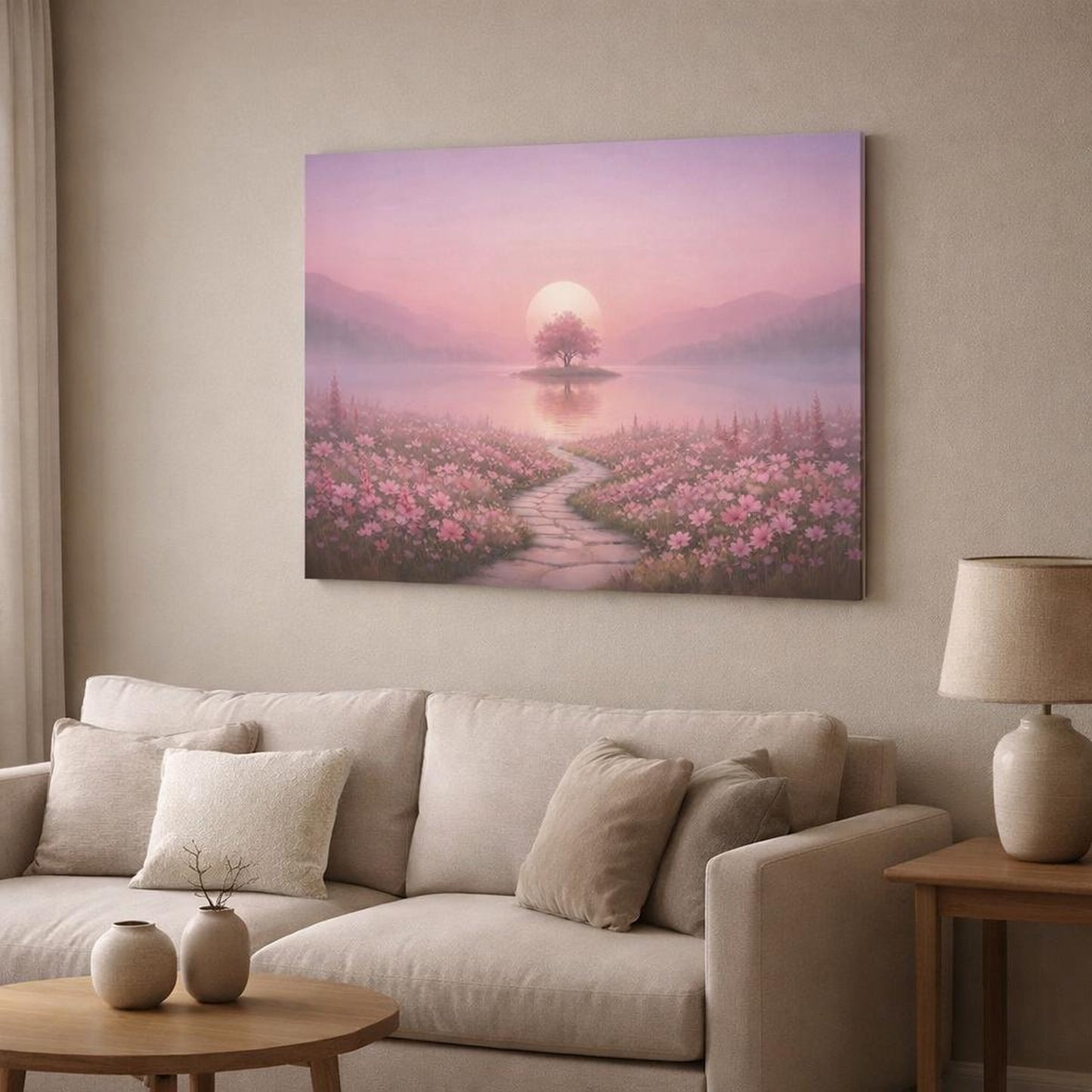 Tonal Gradient Wildflowers Pink shown as canvas wall art in a modern living room