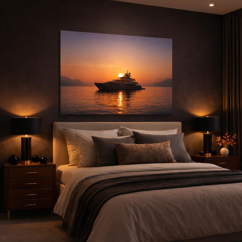 Tonal Gradient Yacht shown as canvas wall art in a luxury bedroom