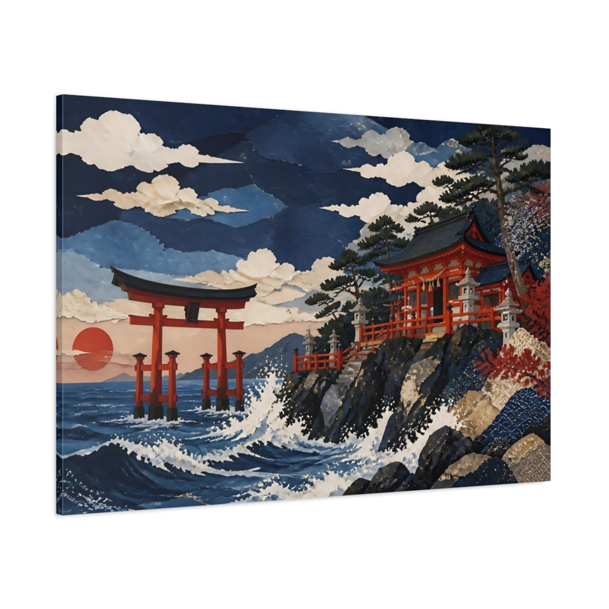 Side Mockup 1. Torii Gate At Sunset Shore shown as canvas print