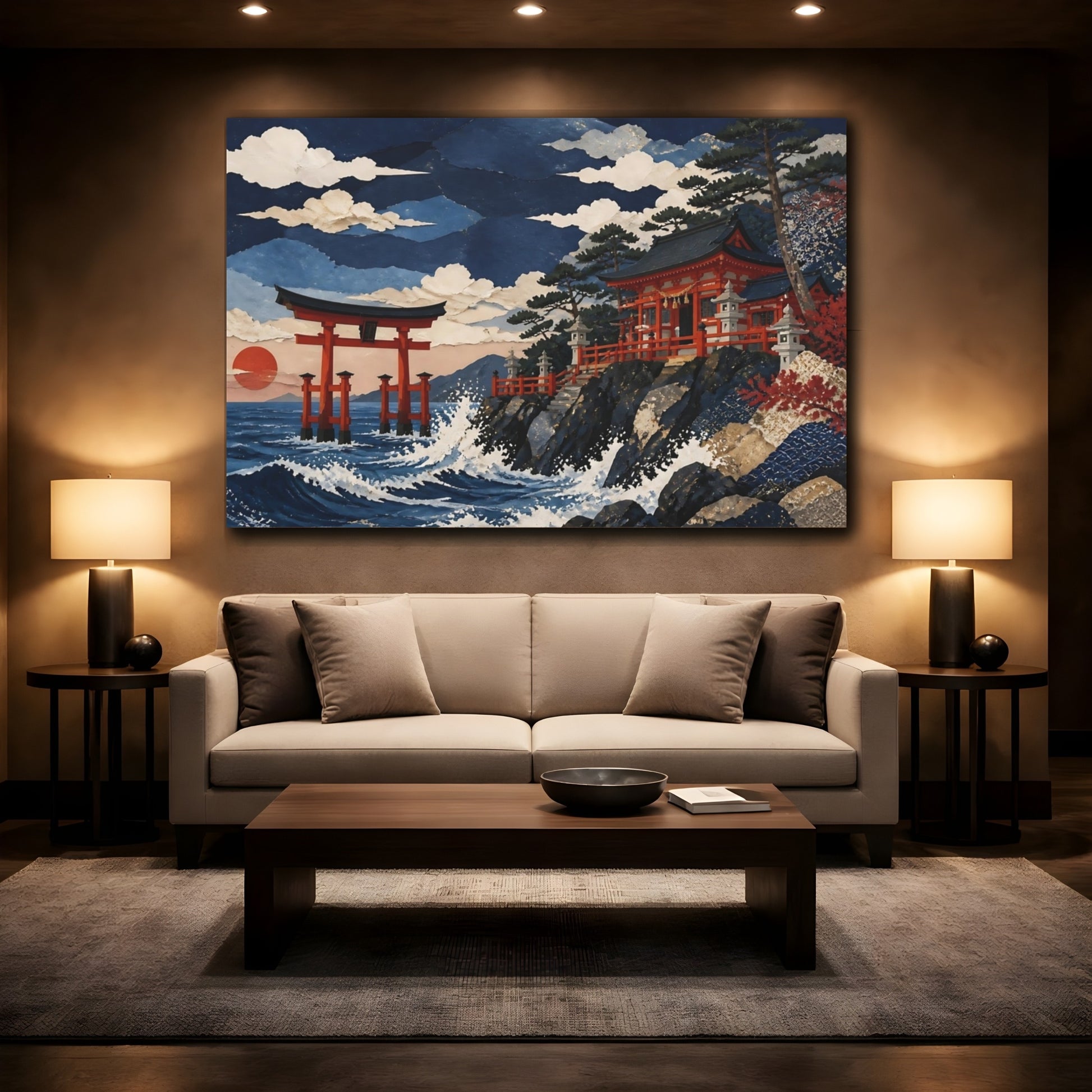 Mockup 2. Torii Gate At Sunset Shore shown as canvas print