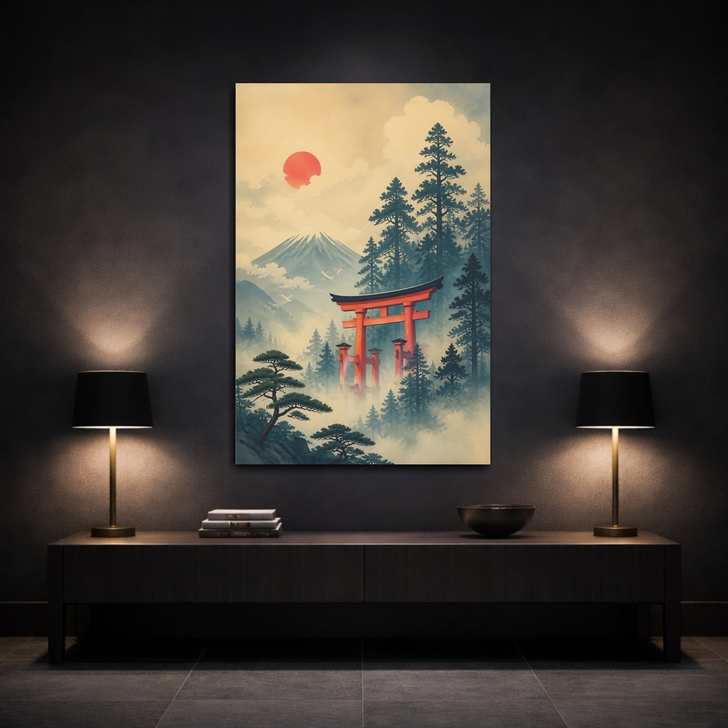 Mockup 3. Torii Gate In Mist shown as canvas print