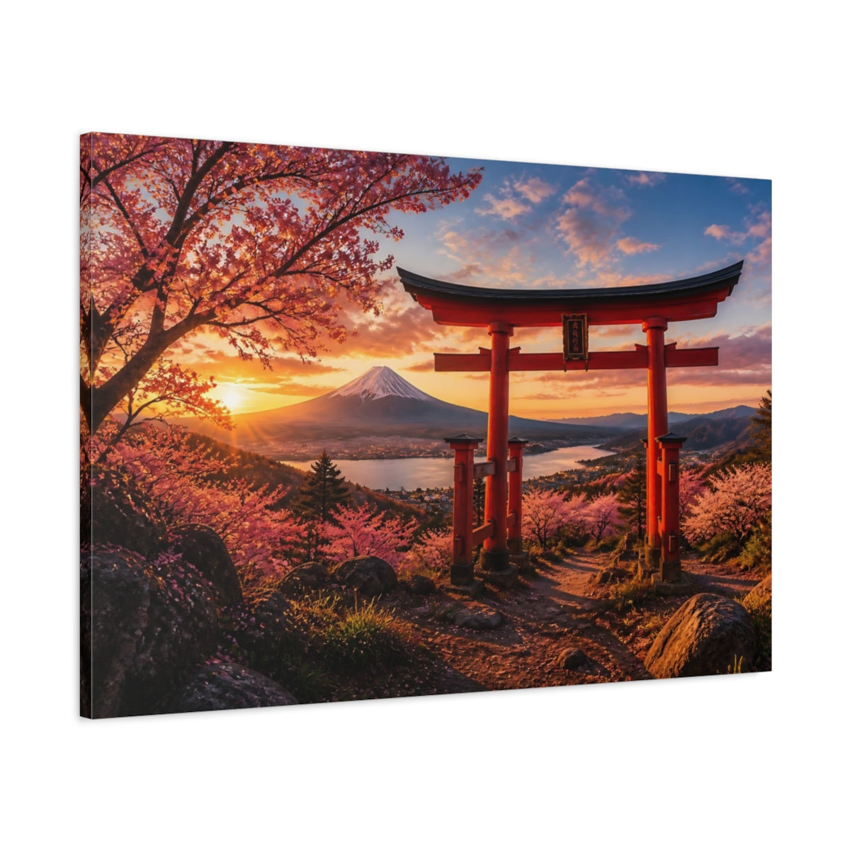 Main Mockup. Torii Gate Sunset Landscape shown as canvas print