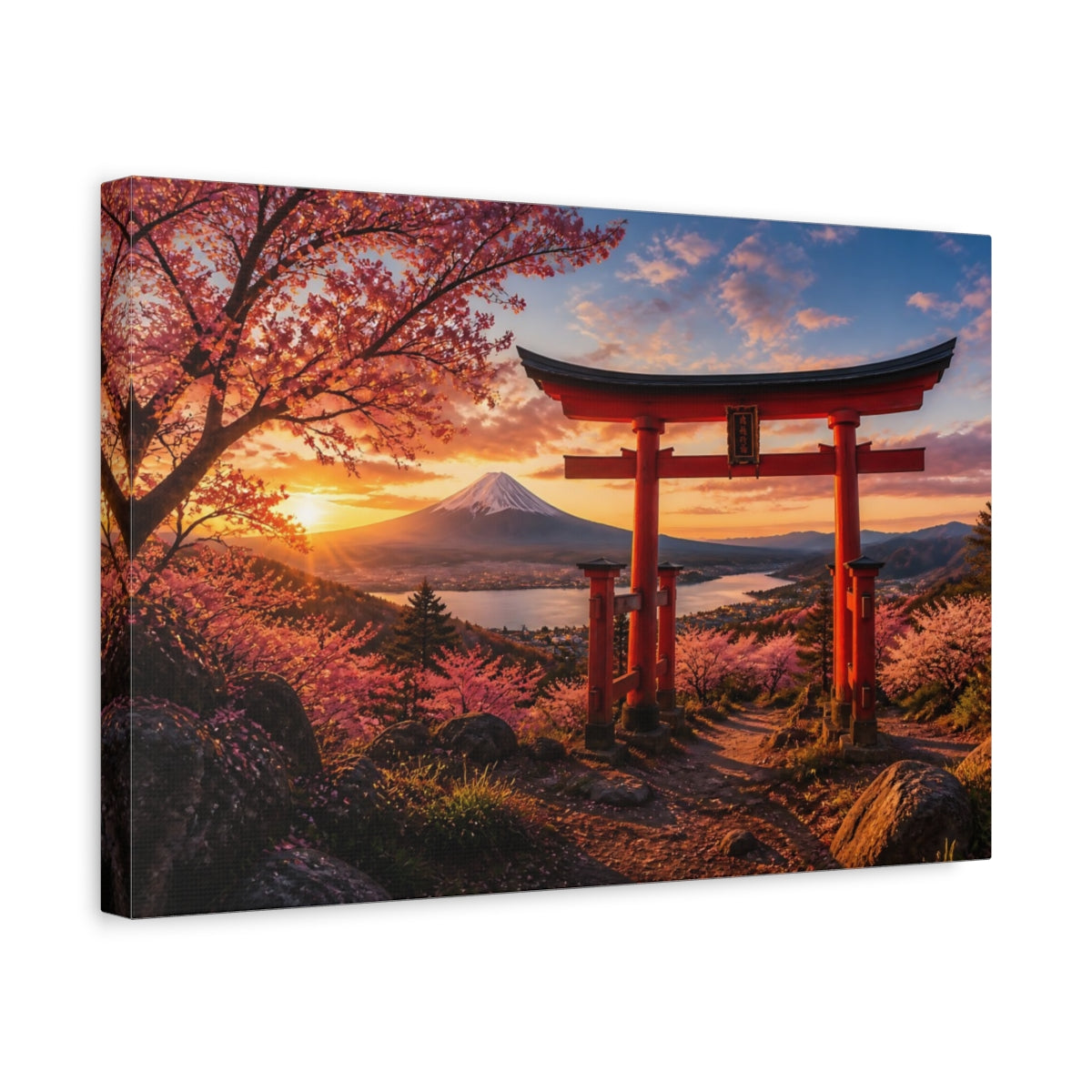 Side Mockup 4. Torii Gate Sunset Landscape shown as canvas print