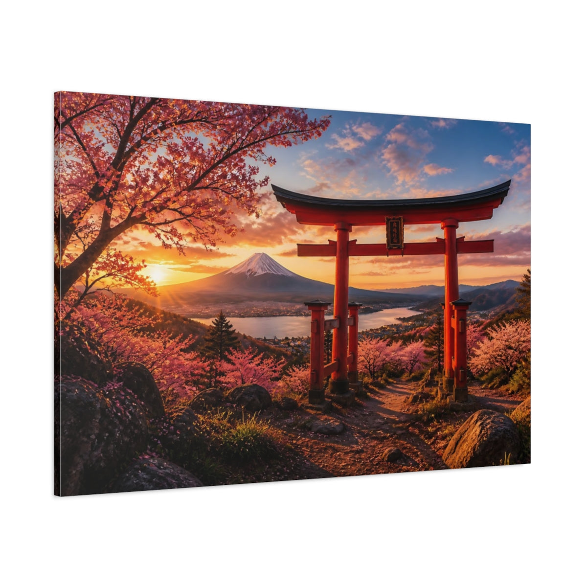 Side Mockup 1. Torii Gate Sunset Landscape shown as canvas print