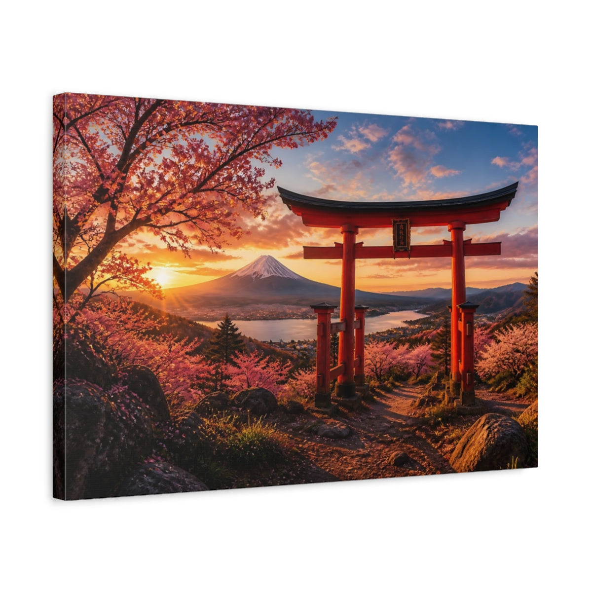 Side Mockup 3. Torii Gate Sunset Landscape shown as canvas print