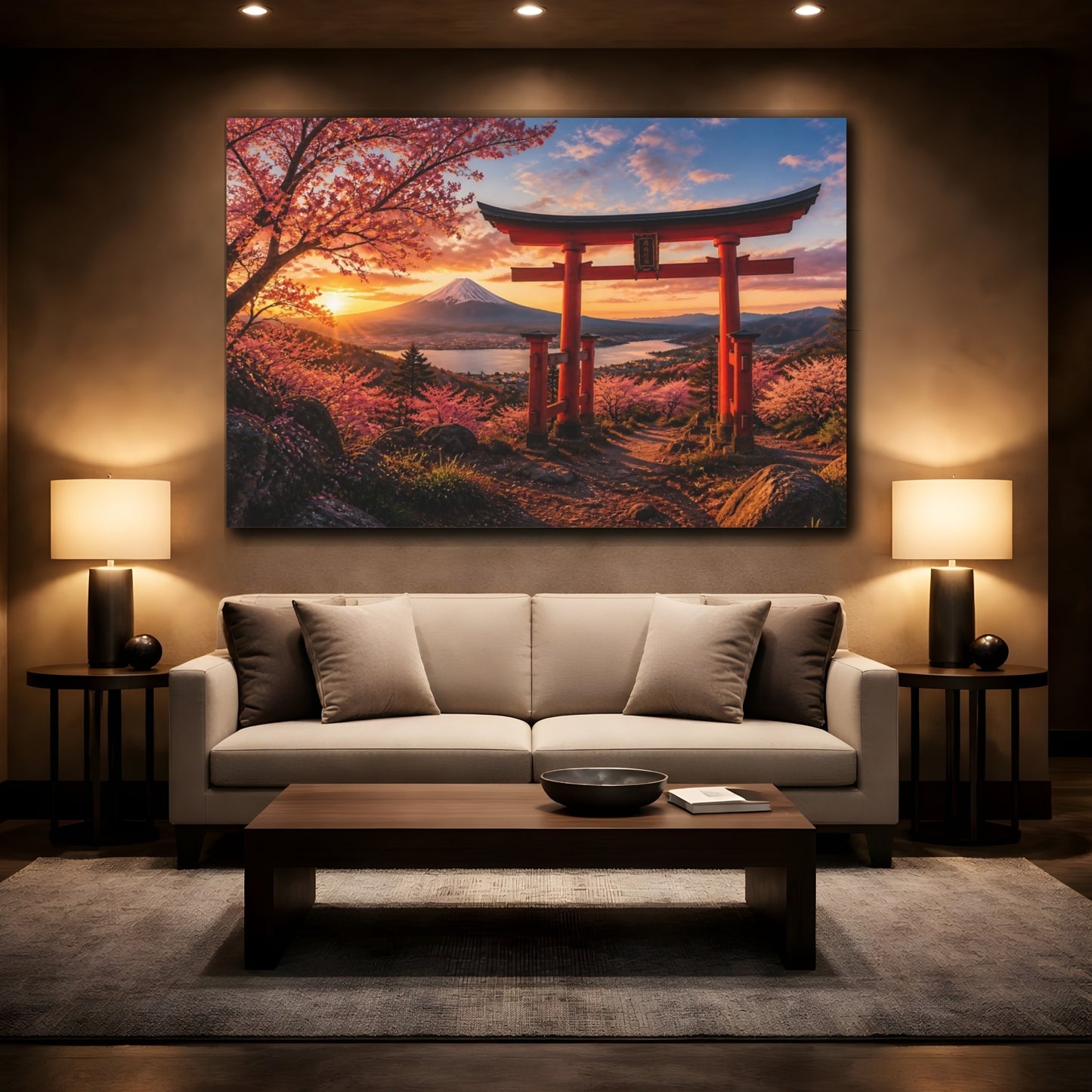 Mockup 2. Torii Gate Sunset Landscape shown as canvas print