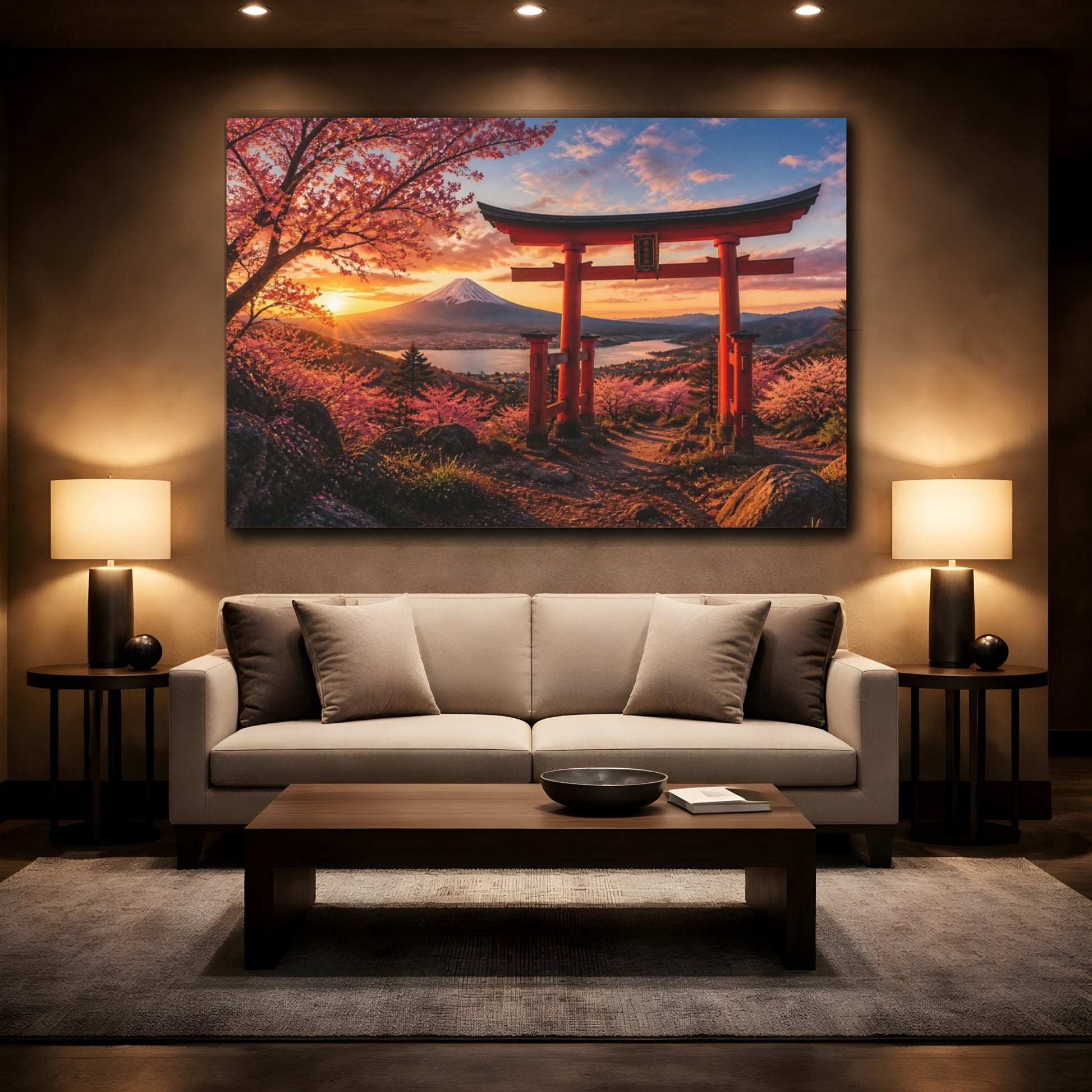 Mockup 2. Torii Gate Sunset Landscape shown as canvas print