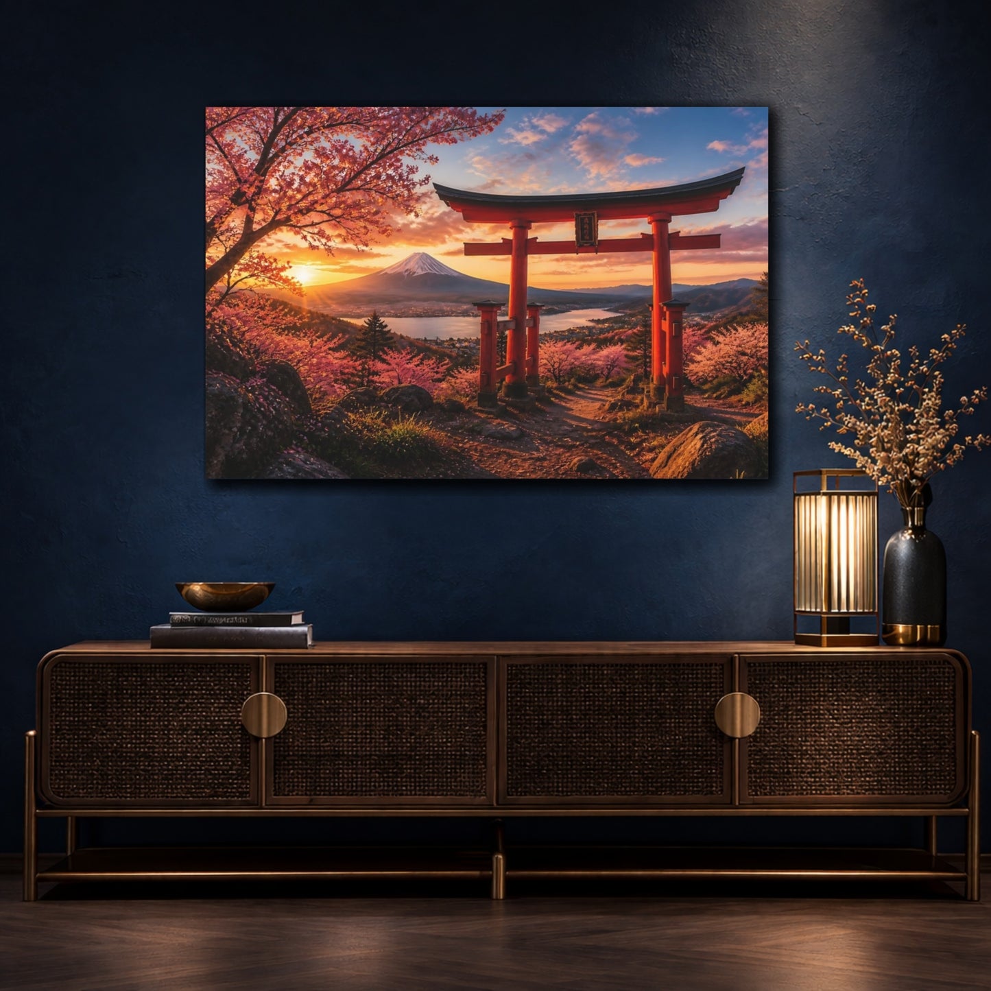 Mockup 4. Torii Gate Sunset Landscape shown as canvas print