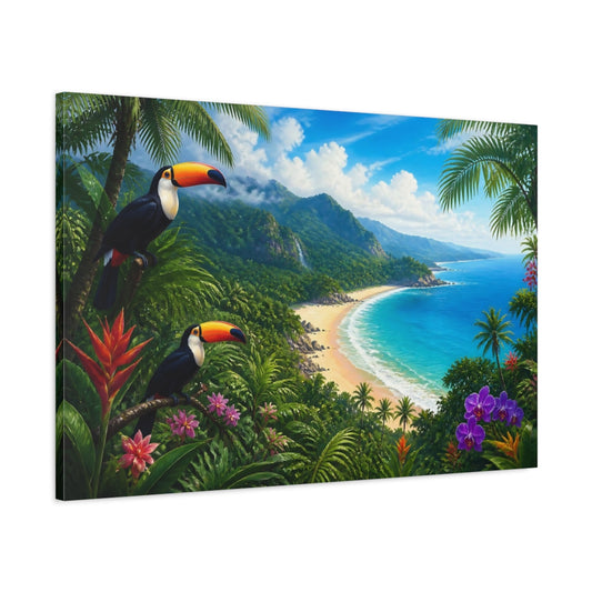 Main Mockup. Toucans Over Tropical Bay shown as canvas print