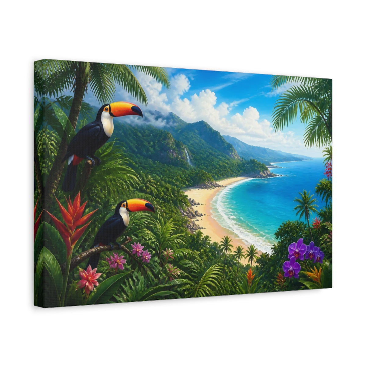 Side Mockup 4. Toucans Over Tropical Bay shown as canvas print