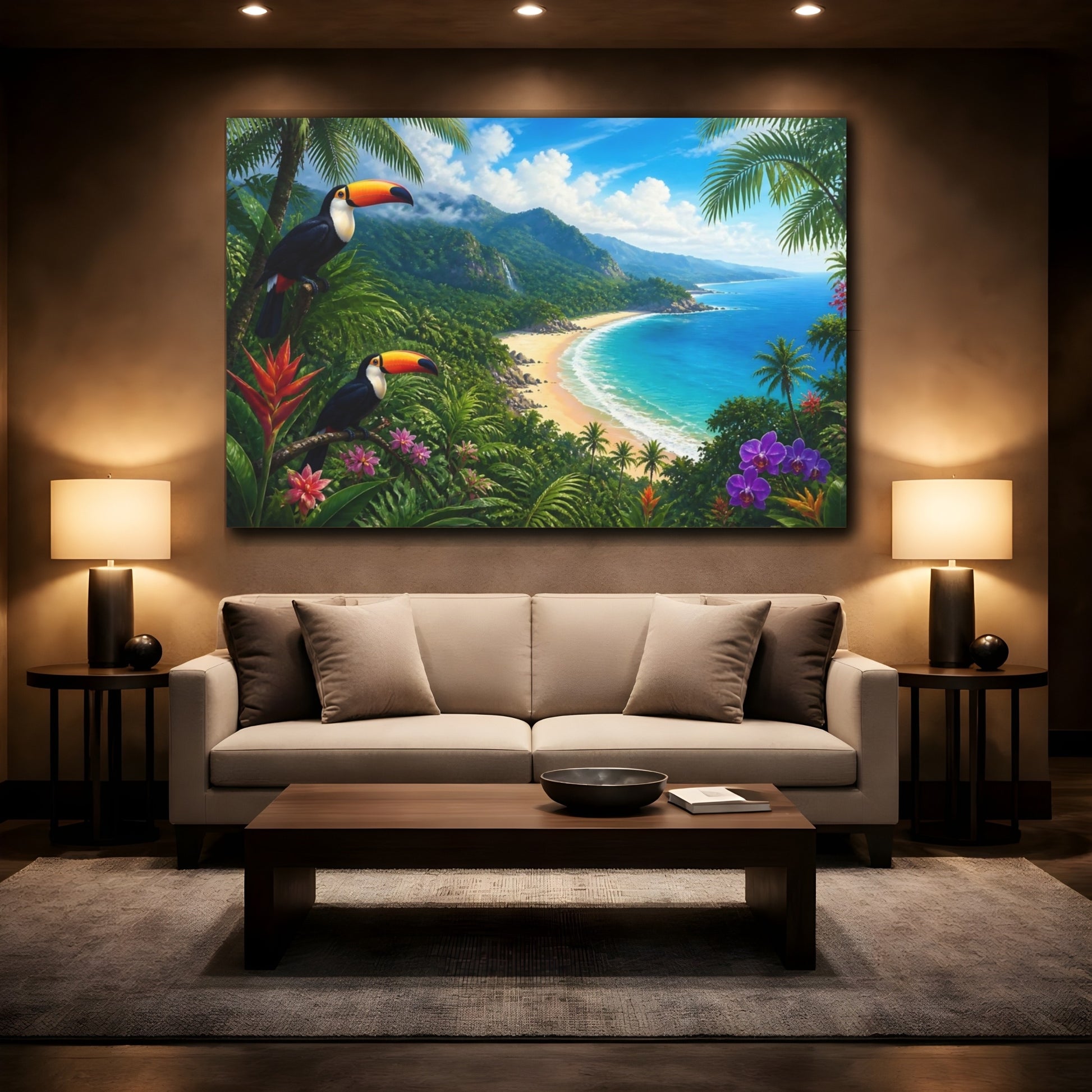 Mockup 2. Toucans Over Tropical Bay shown as canvas print