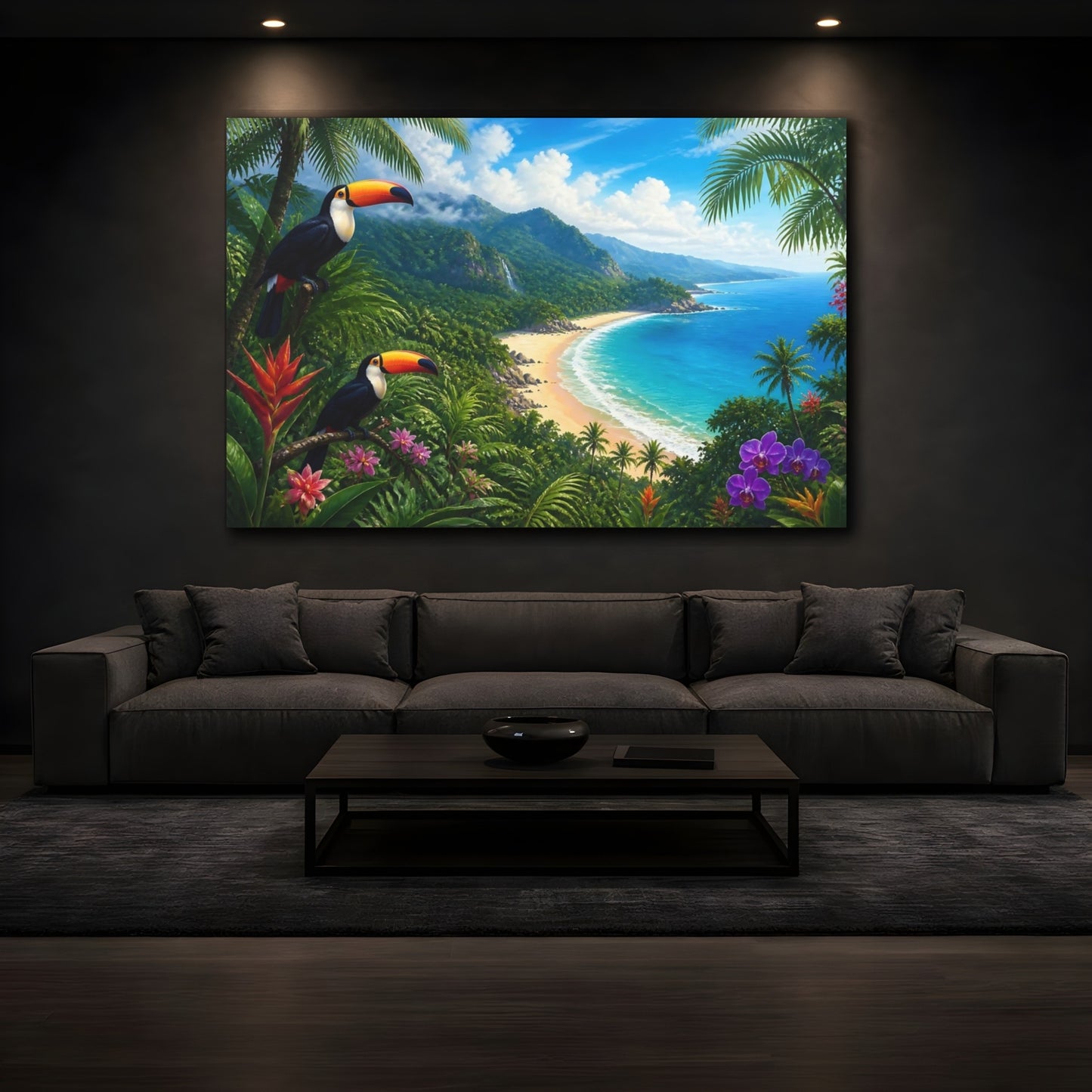 Mockup 3. Toucans Over Tropical Bay shown as canvas print