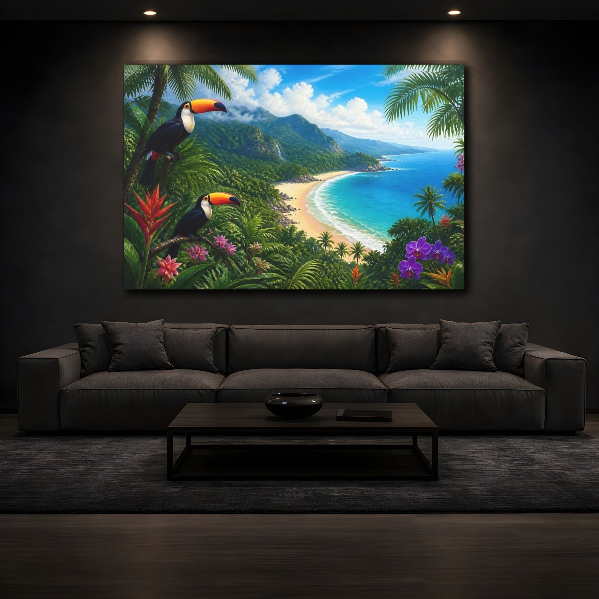 Mockup 3. Toucans Over Tropical Bay shown as canvas print