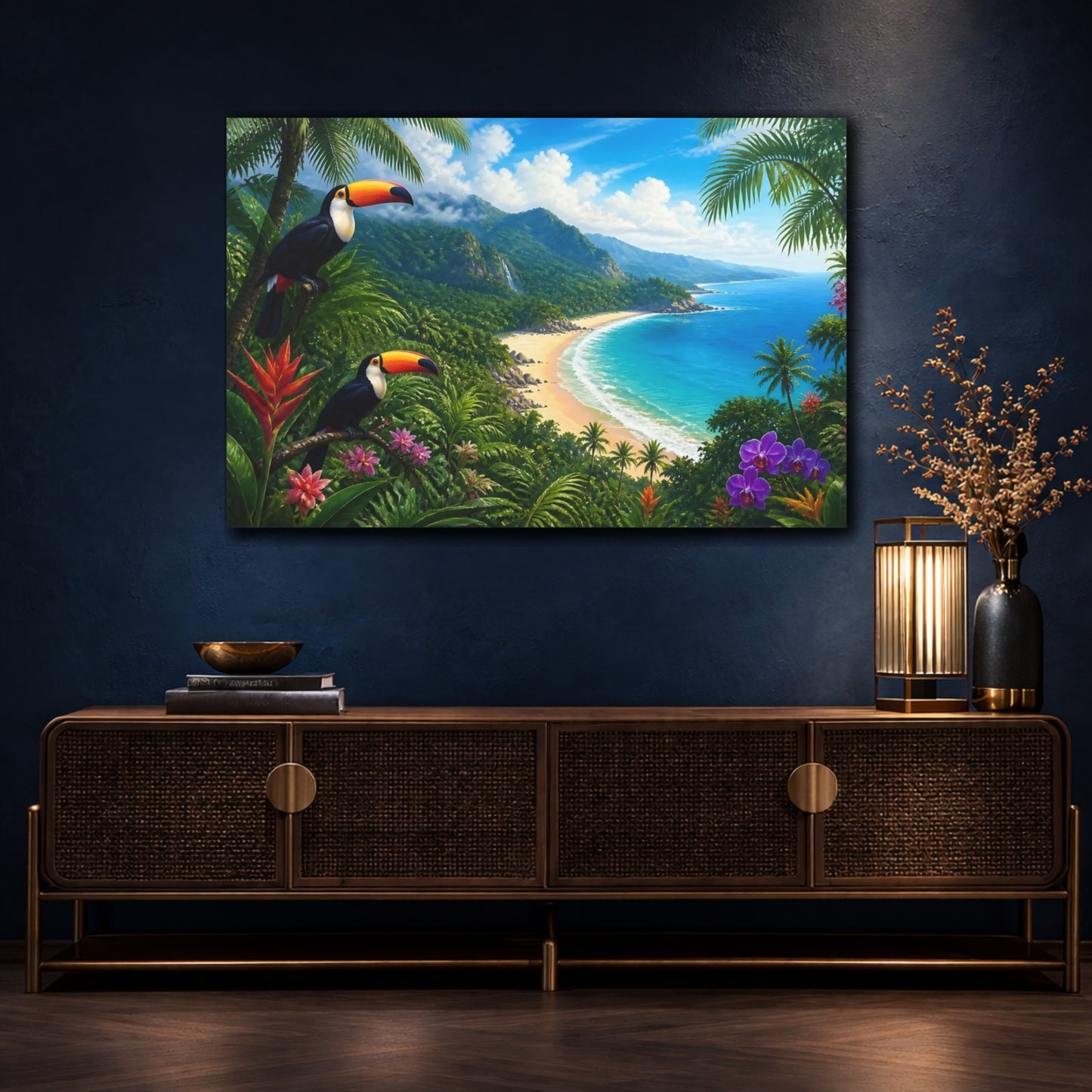 Mockup 4. Toucans Over Tropical Bay shown as canvas print