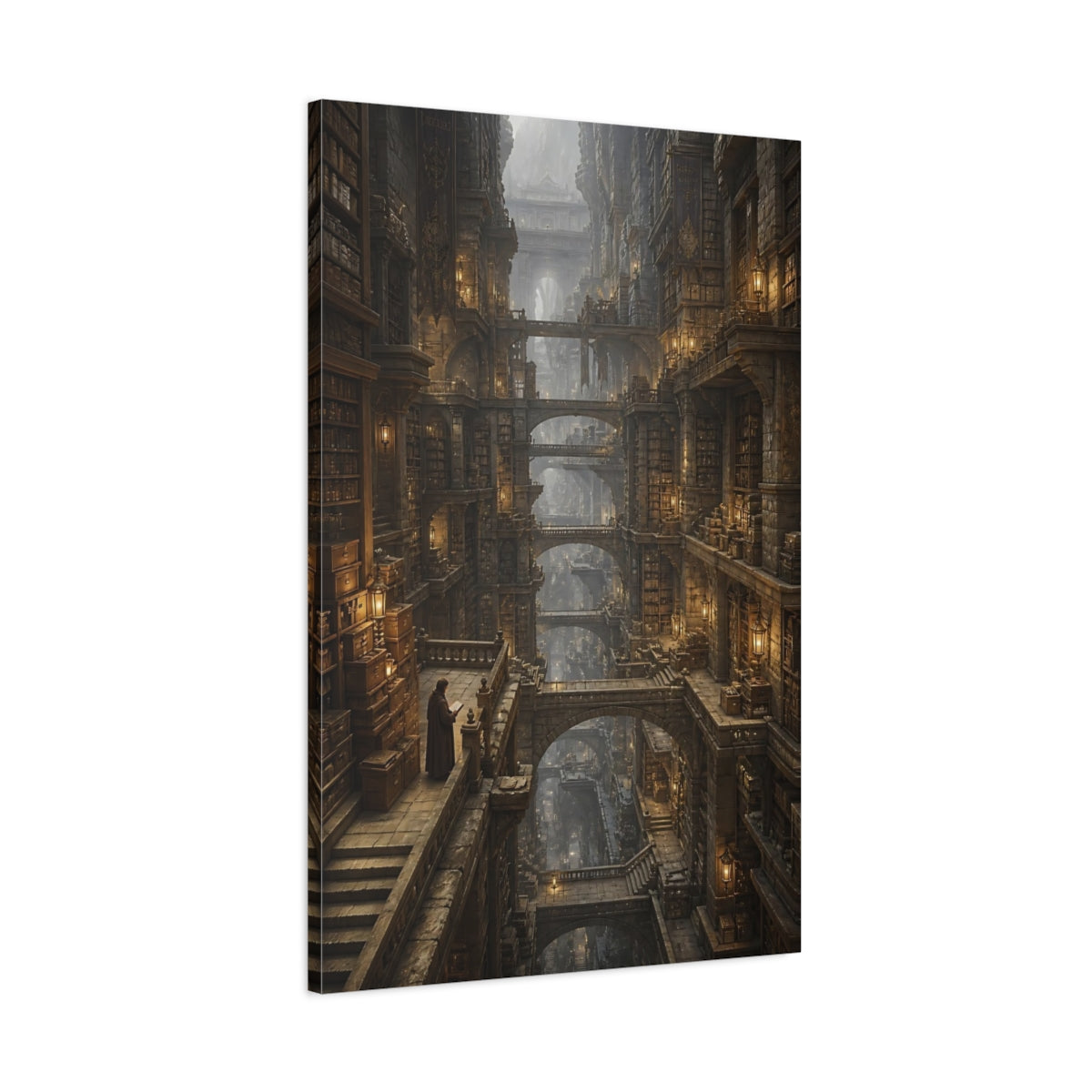 Main Mockup. Towering Ancient Library shown as canvas print