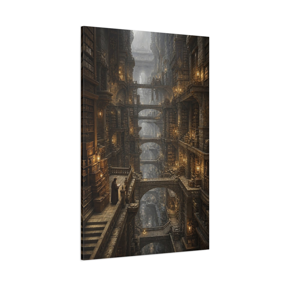 Side Mockup 1. Towering Ancient Library shown as canvas print