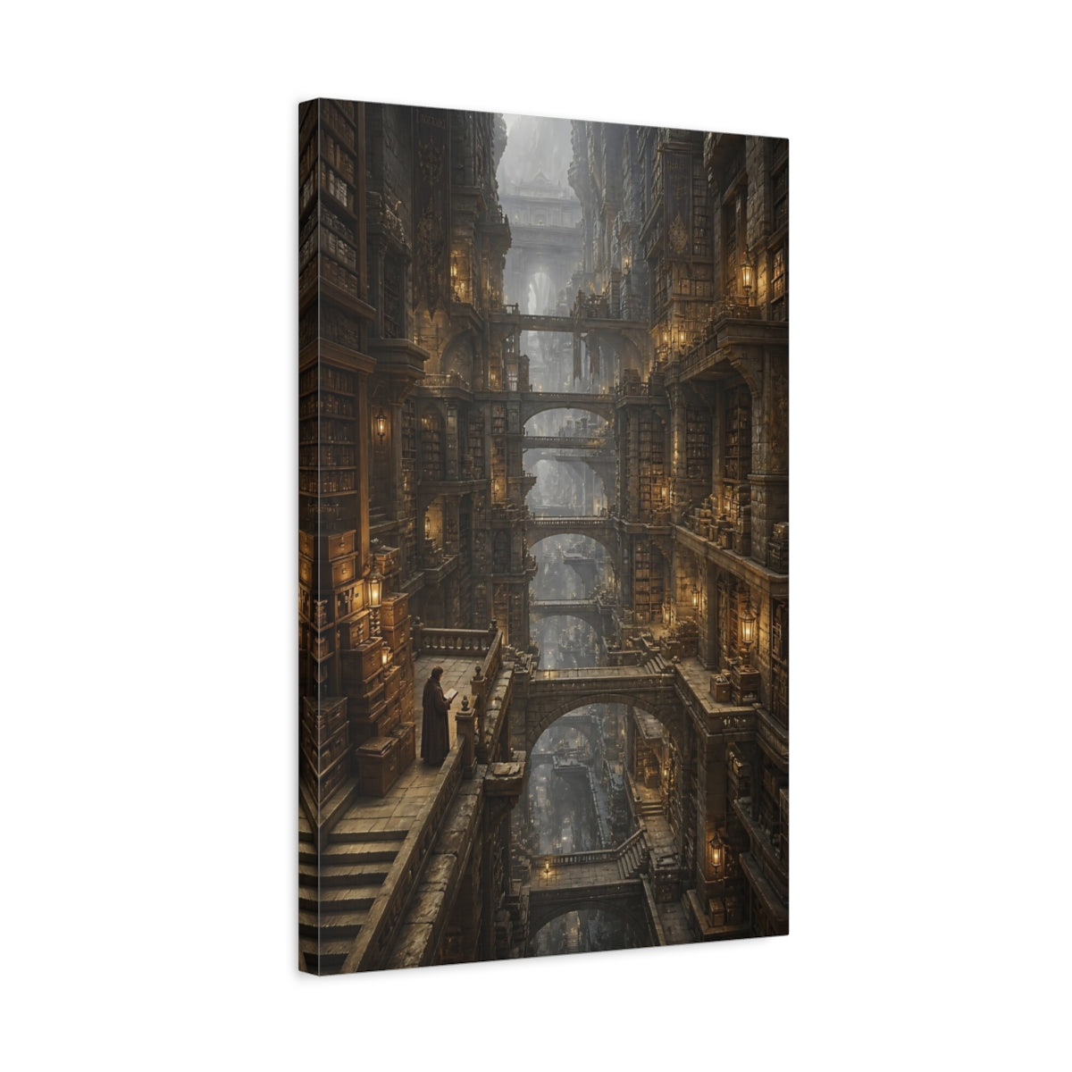 Side Mockup 3. Towering Ancient Library shown as canvas print