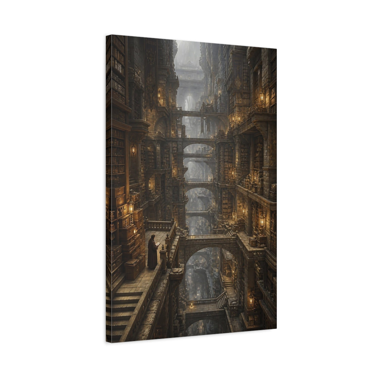 Side Mockup 2. Towering Ancient Library shown as canvas print