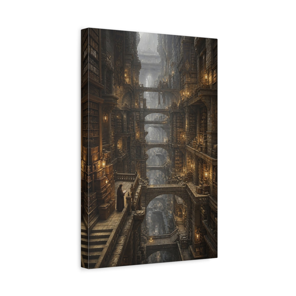 Side Mockup 4. Towering Ancient Library shown as canvas print