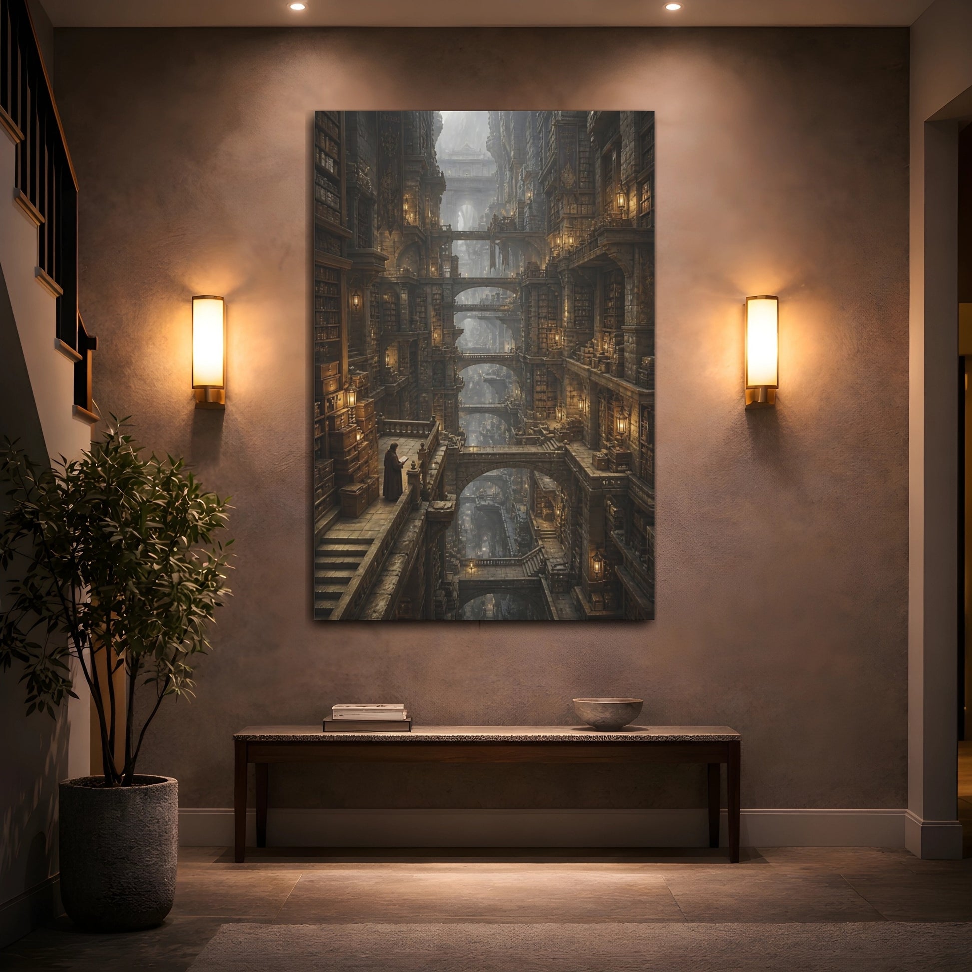 Mockup 2. Towering Ancient Library shown as canvas print