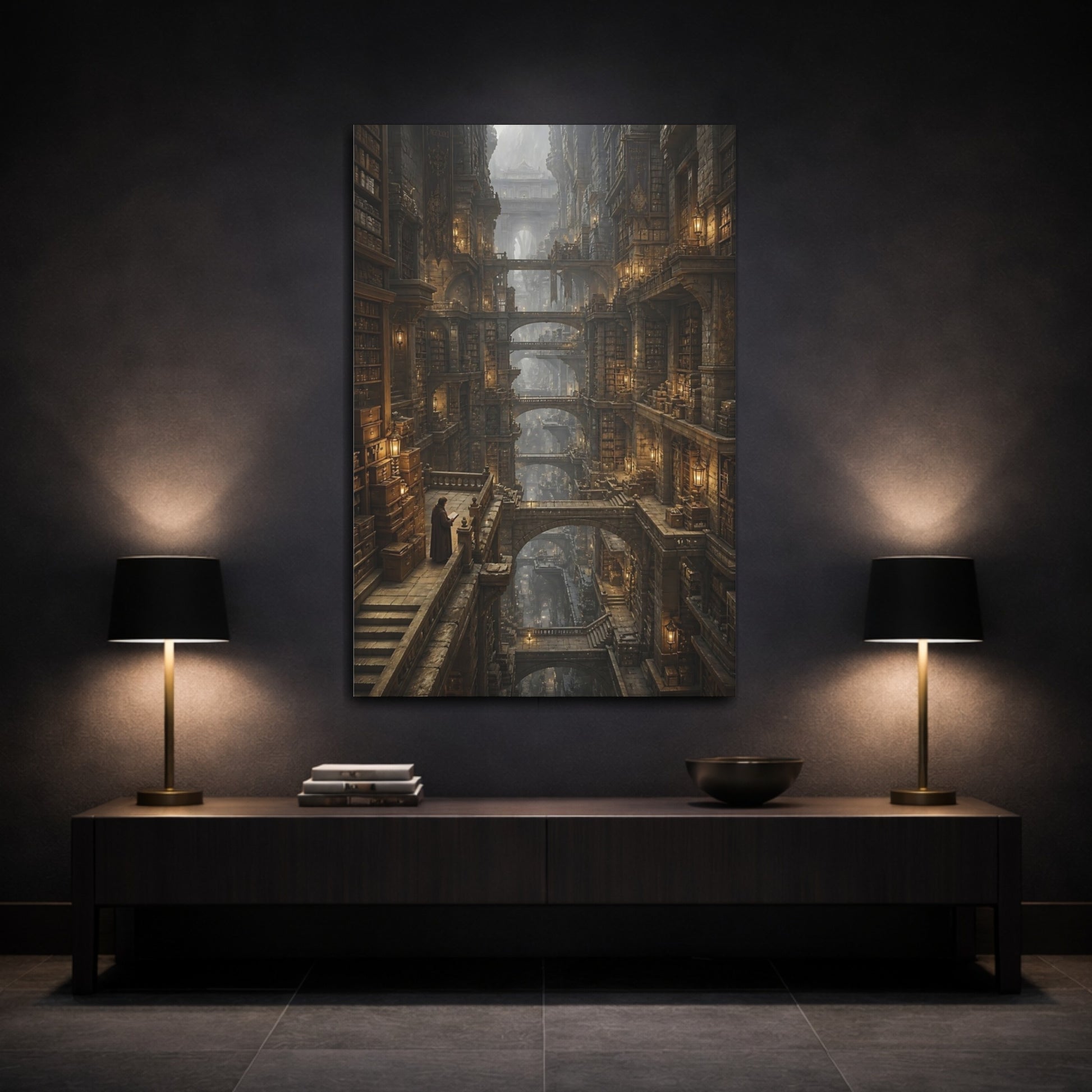Mockup 3. Towering Ancient Library shown as canvas print