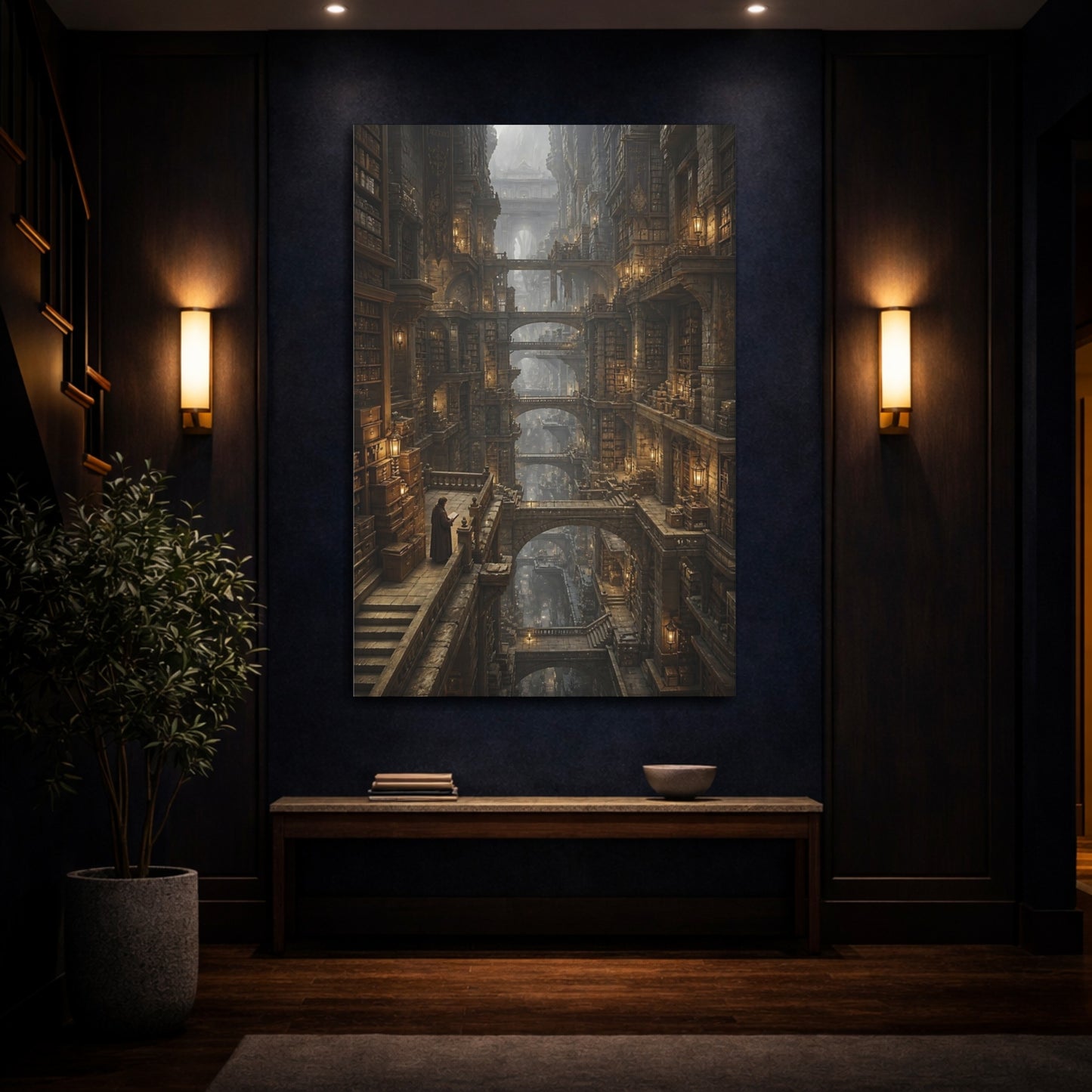 Mockup 4. Towering Ancient Library shown as canvas print