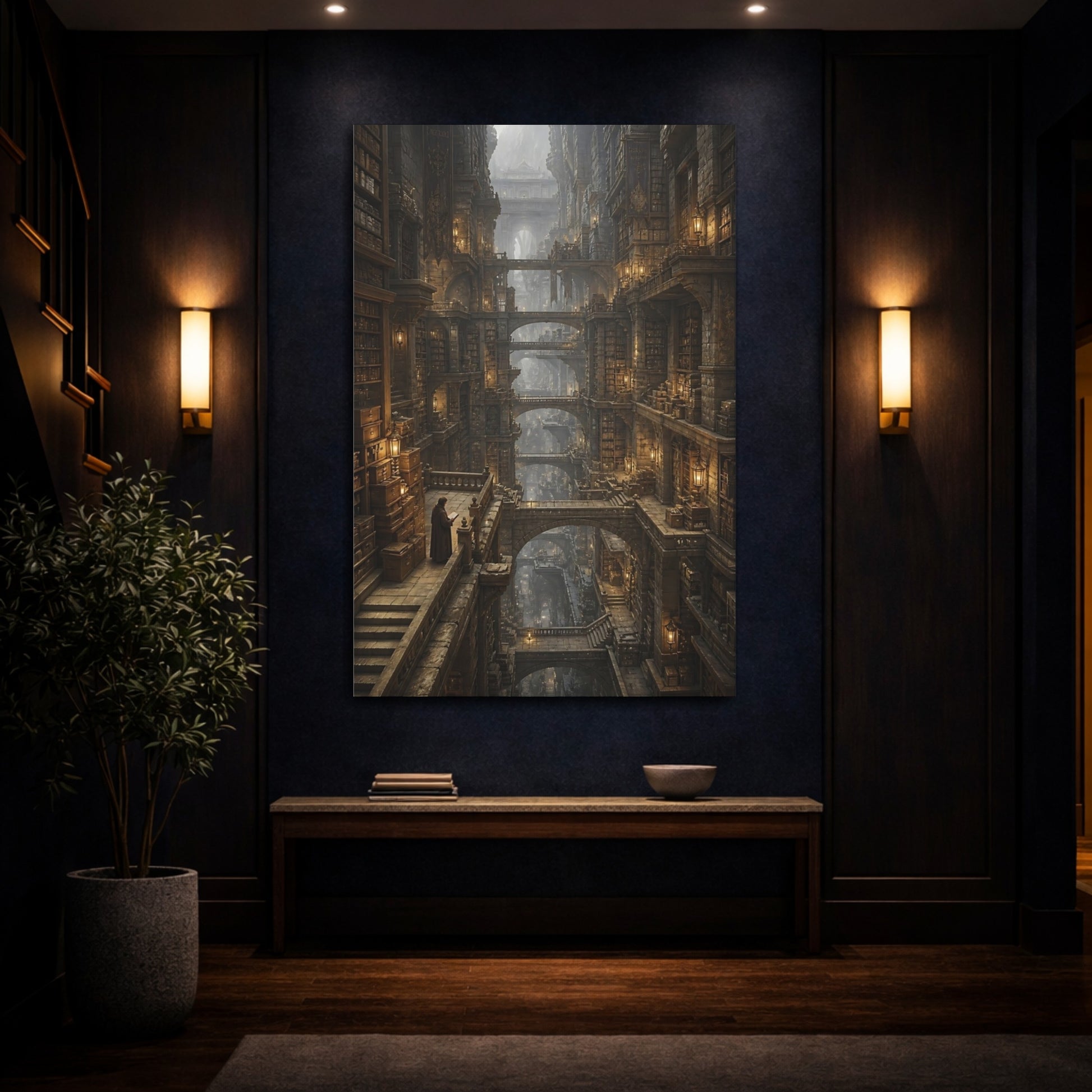 Mockup 4. Towering Ancient Library shown as canvas print