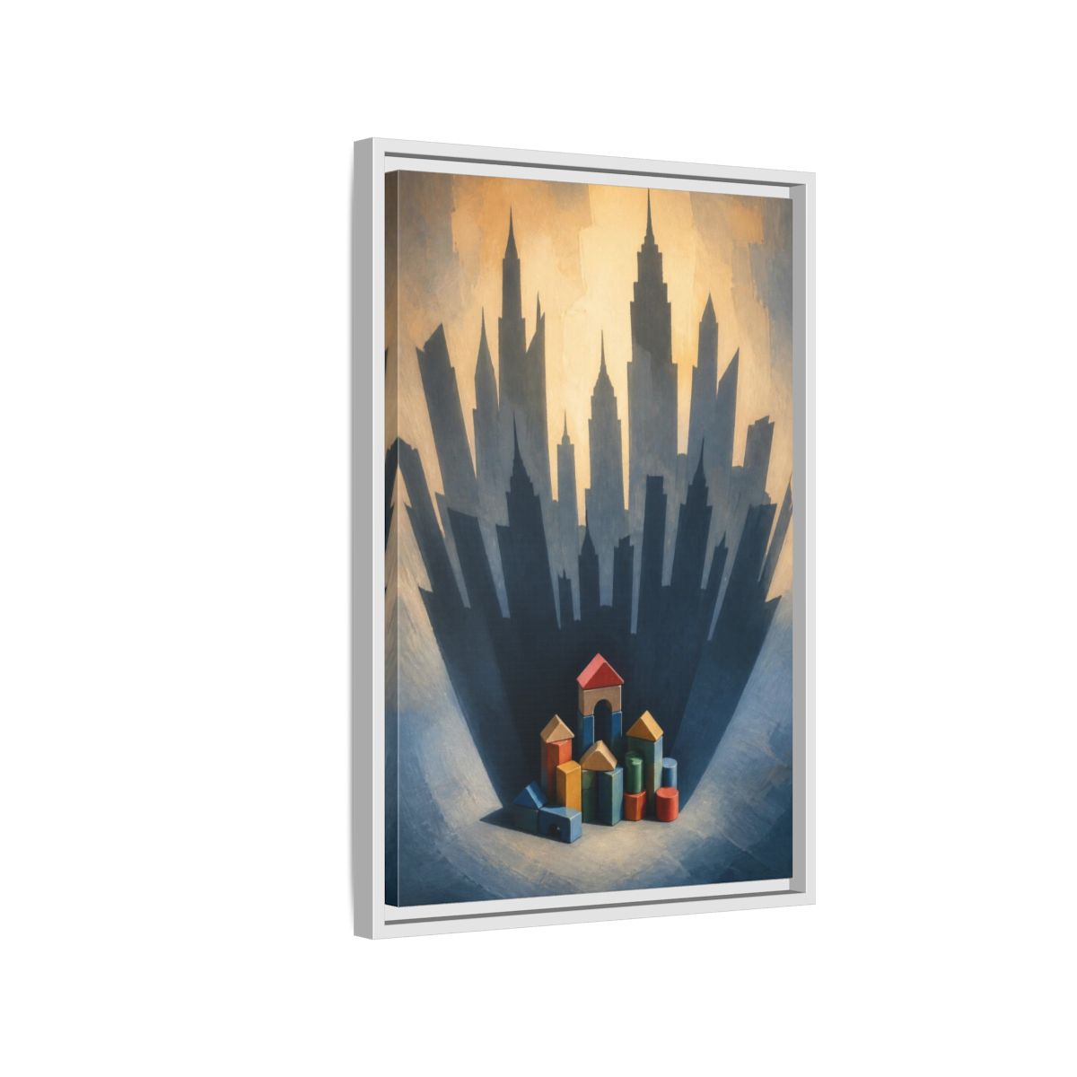 Side Mockup 1. Toy Block City Illusion shown as framed canvas print