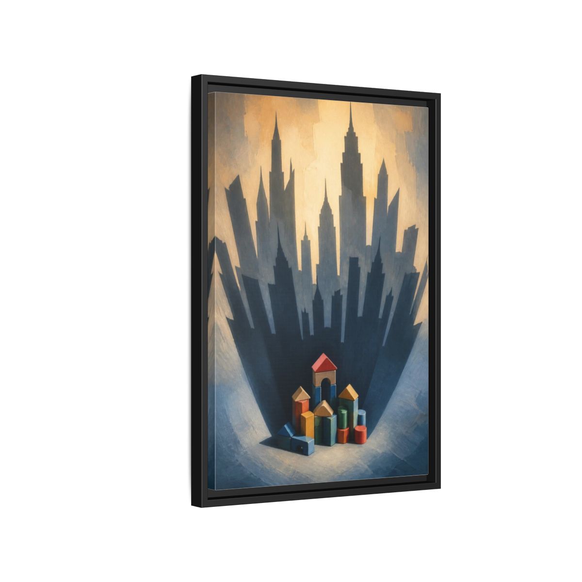 Side Mockup 3. Toy Block City Illusion shown as framed canvas print