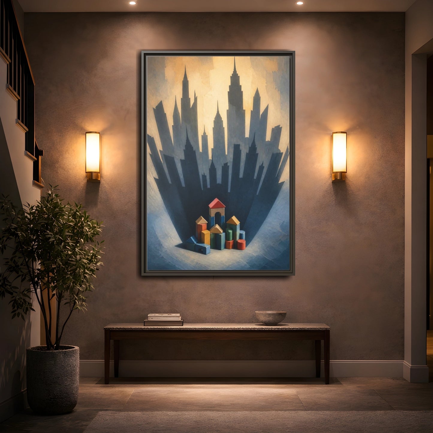 Mockup 2. Toy Block City Illusion shown as framed canvas print