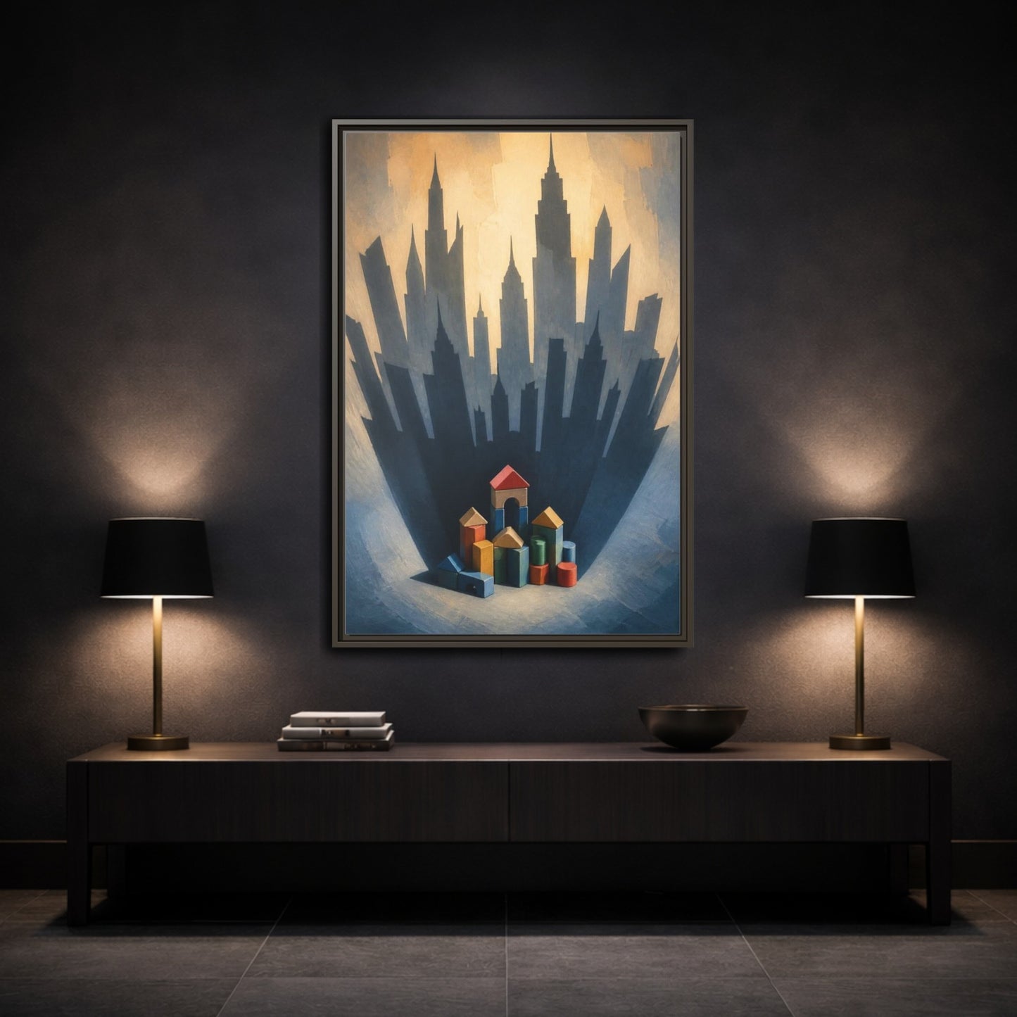 Mockup 3. Toy Block City Illusion shown as framed canvas print