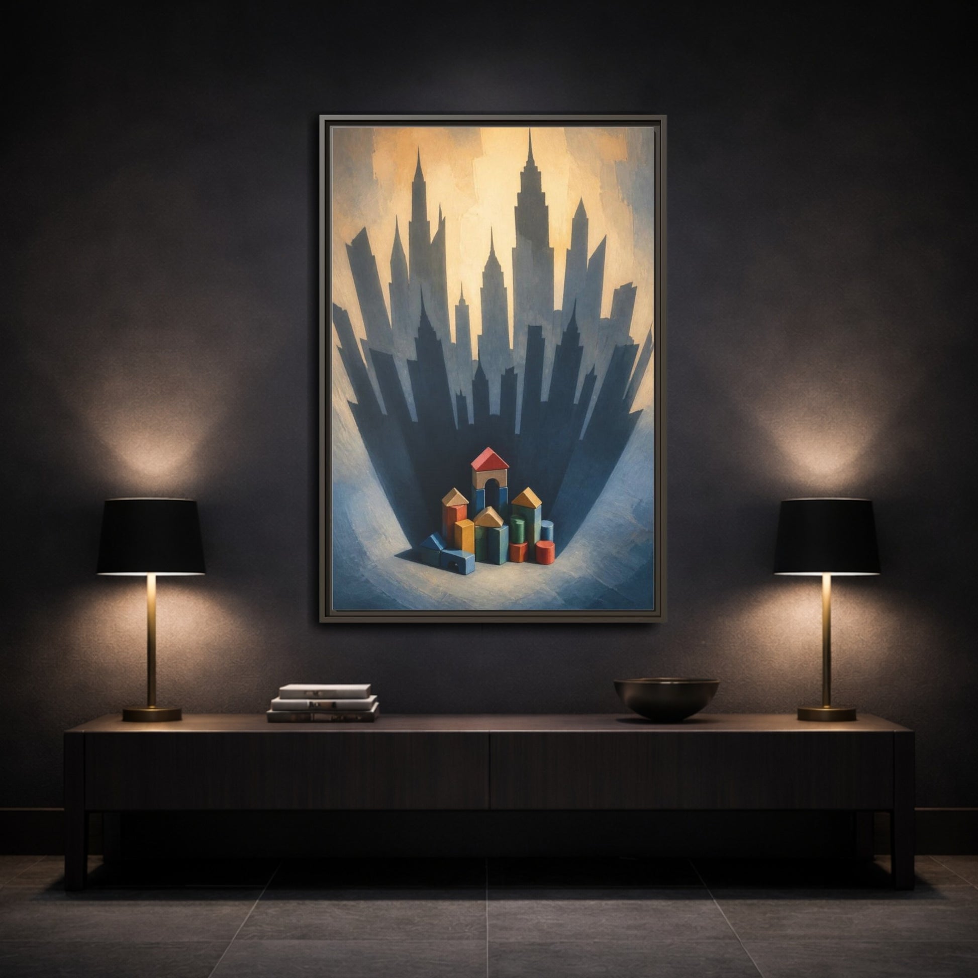 Mockup 3. Toy Block City Illusion shown as framed canvas print