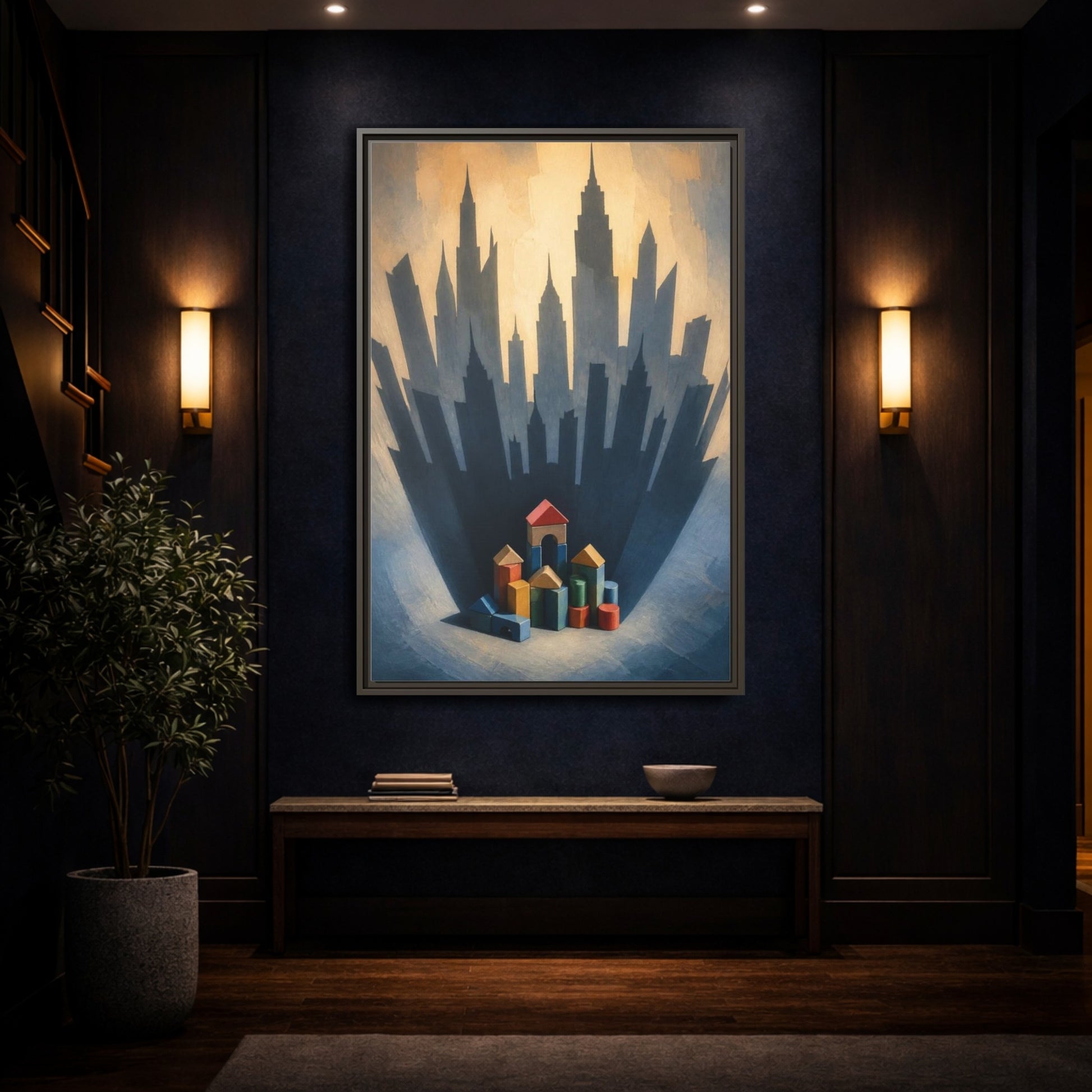 Mockup 4. Toy Block City Illusion shown as framed canvas print