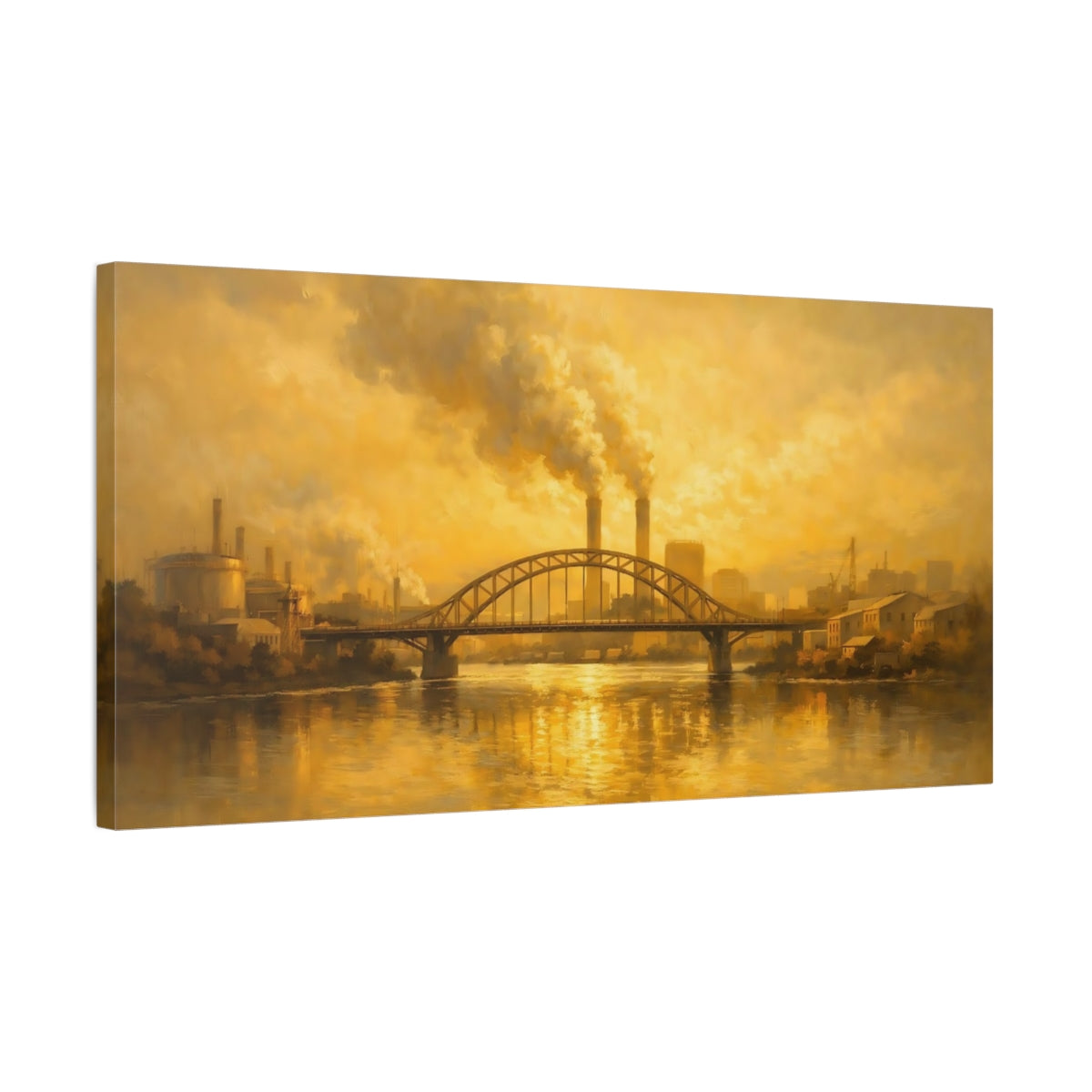 Side Mockup 2. Vintage Industrial Cityscape Golden Industrial shown as stretched canvas wall art