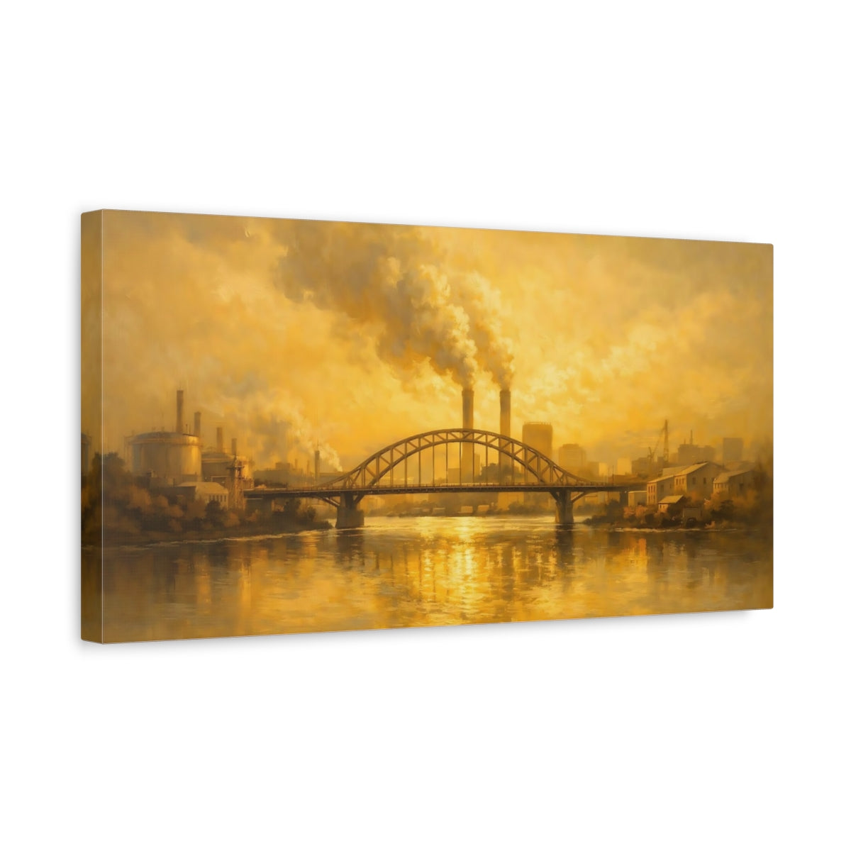 Side Mockup 3. Vintage Industrial Cityscape Golden Industrial shown as stretched canvas wall art