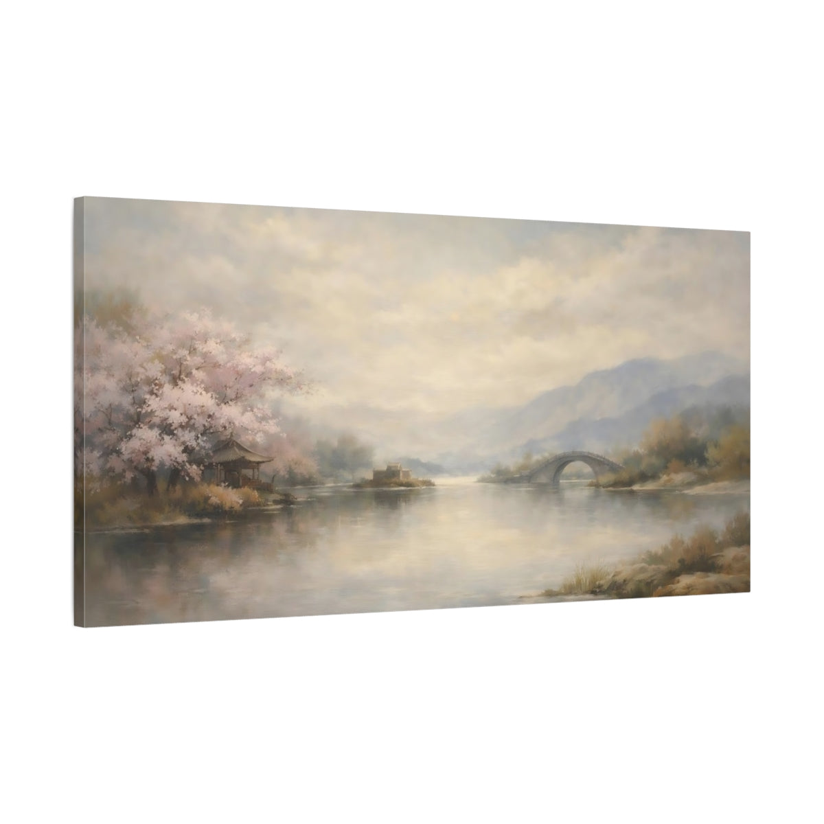 Side Mockup 1. Nature Cherry Blossoms Pale Pink Landscape shown as stretched canvas wall art