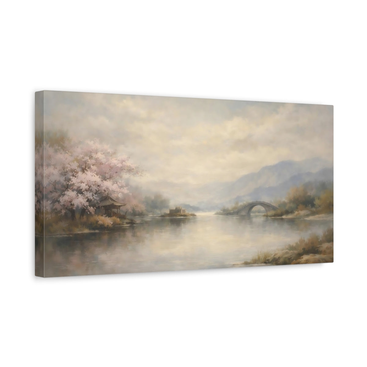 Side Mockup 3. Nature Cherry Blossoms Pale Pink Landscape shown as stretched canvas wall art