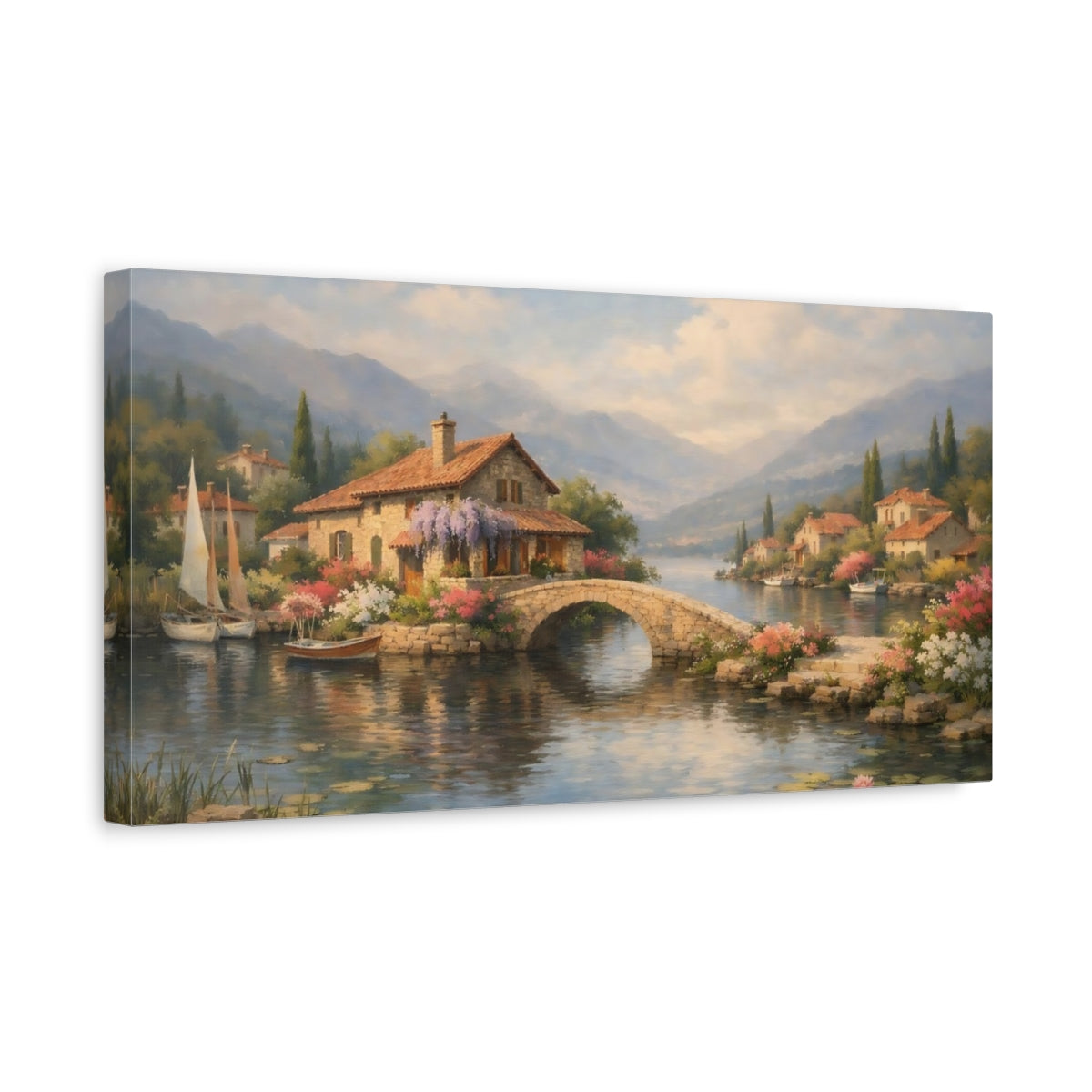 Side Mockup 3. Nature Lakeside Village Lakeside Village View shown as stretched canvas wall art
