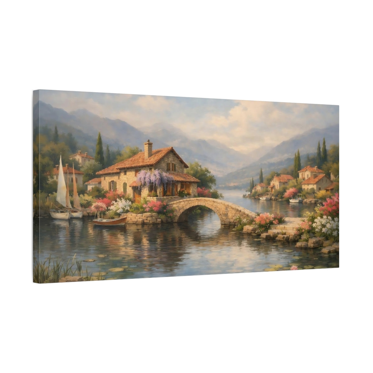 Side Mockup 2. Nature Lakeside Village Lakeside Village View shown as stretched canvas wall art