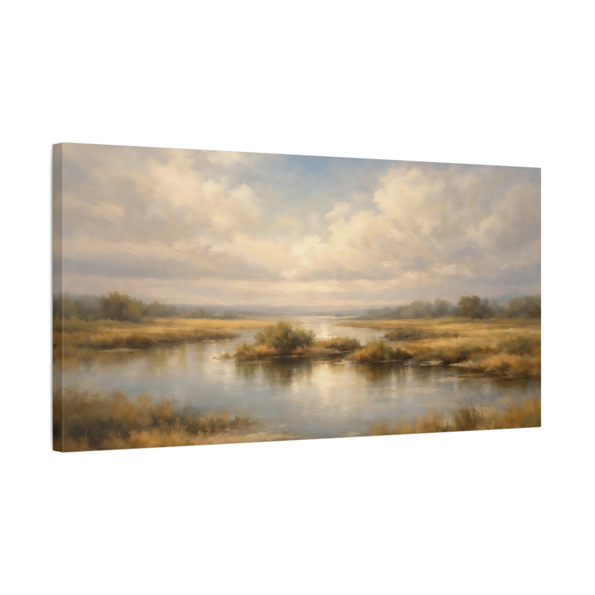 Side Mockup 2. Nature River Landscape Golden Wetland shown as stretched canvas wall art