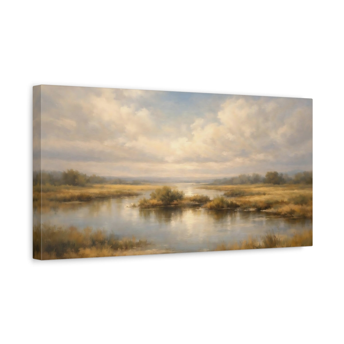 Side Mockup 3. Nature River Landscape Golden Wetland shown as stretched canvas wall art
