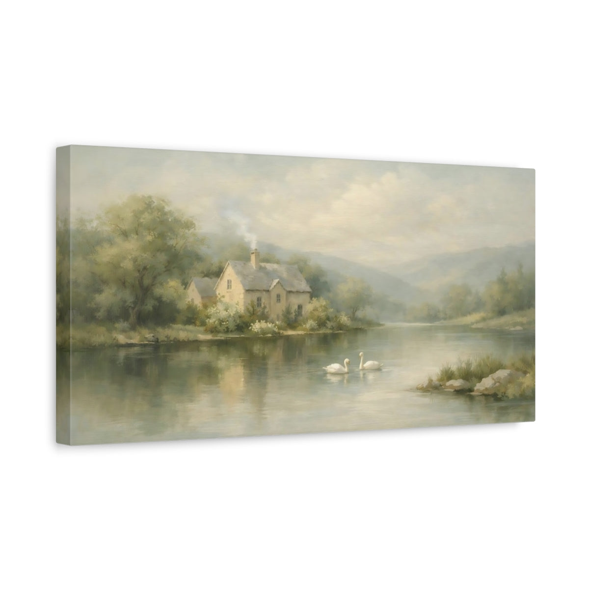 Side Mockup 3. Nature Riverside House Soft Green Landscape shown as stretched canvas wall art