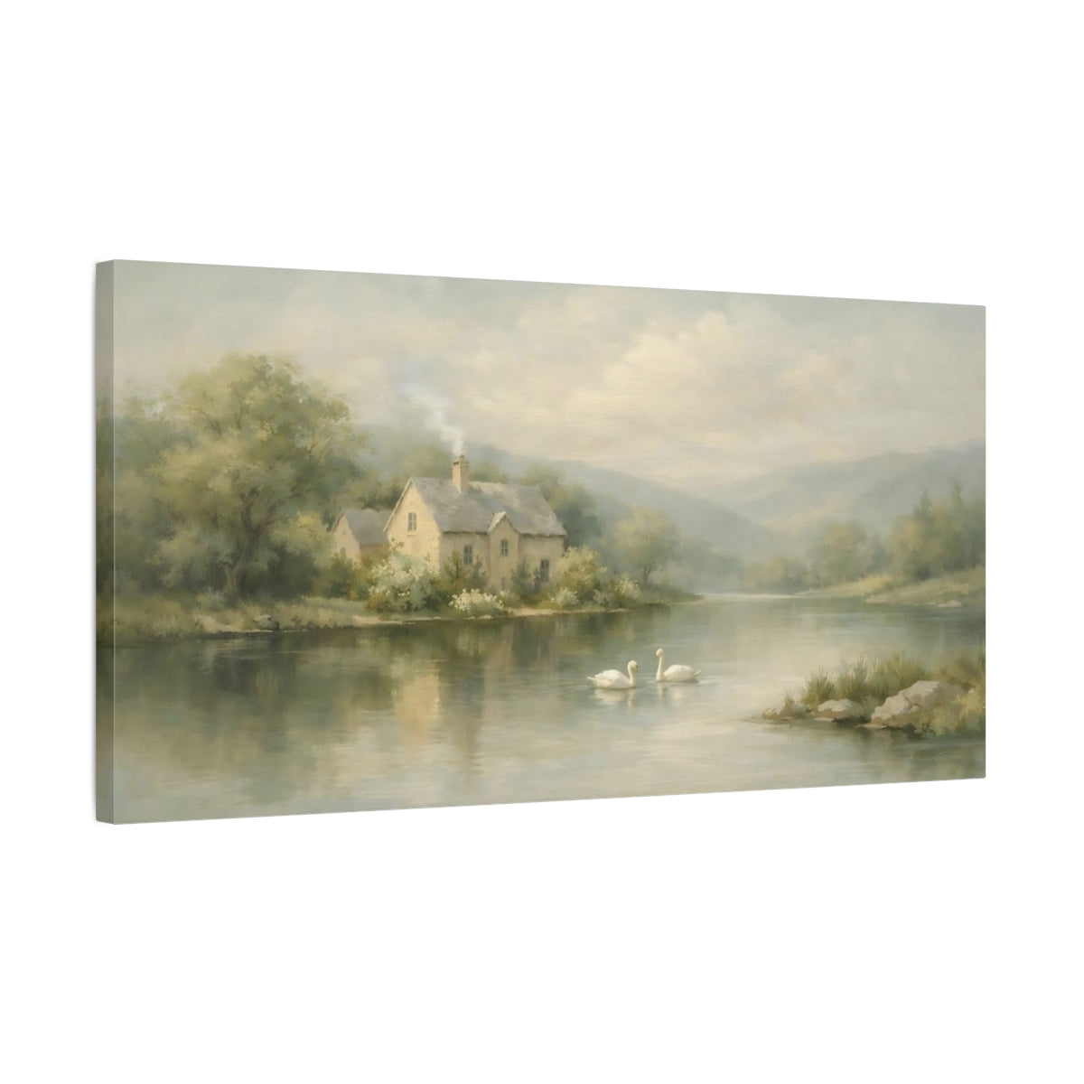 Side Mockup 2. Nature Riverside House Soft Green Landscape shown as stretched canvas wall art