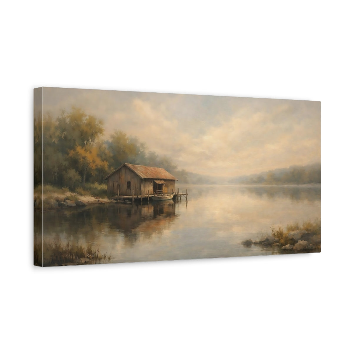Side Mockup 3. Nature Rustic Boathouse Misty Lake Landscape shown as stretched canvas wall art