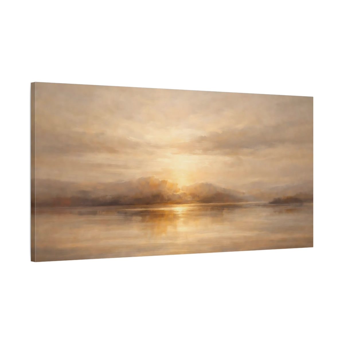 Side Mockup 1. Nature Sunset Lake Golden Lake shown as stretched canvas wall art